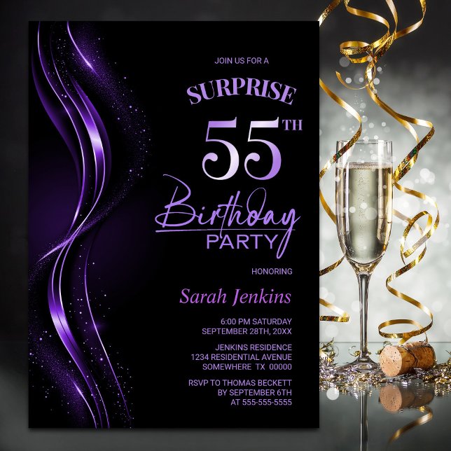 Surprise Black Purple 55th Birthday Party Invitation (Creator Uploaded)