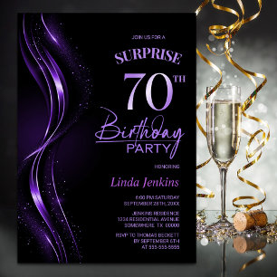 Surprise Black Purple 70th Birthday Party Invitation