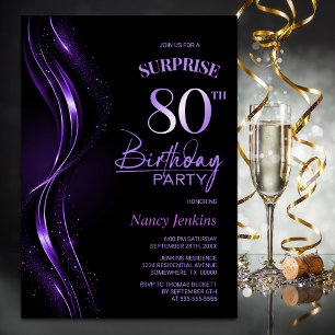 Surprise Black Purple 80th Birthday Party Invitation