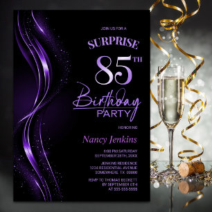 Surprise Black Purple 85th Birthday Party Invitation