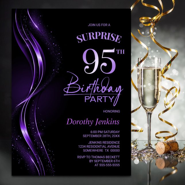 Surprise Black Purple 95th Birthday Party Invitation (Creator Uploaded)