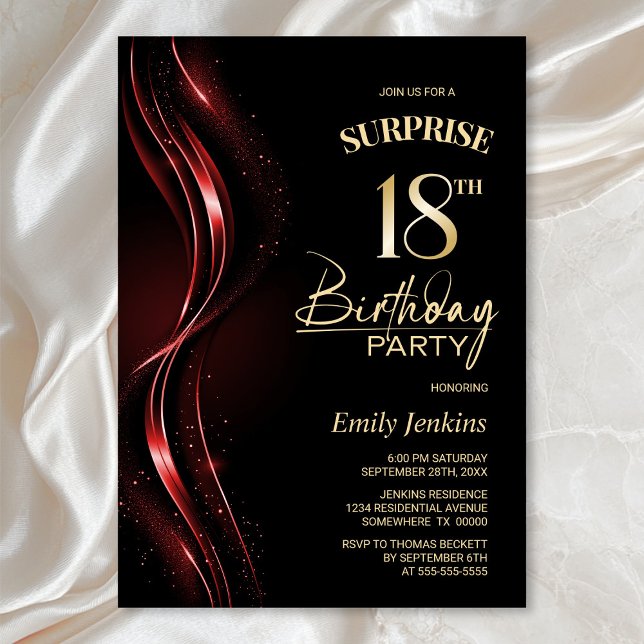 Surprise Black Red 18th Birthday Party Invitation (Creator Uploaded)
