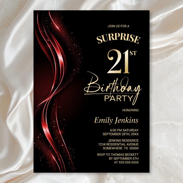 Surprise Black Red 21st Birthday Party Invitation (Creator Uploaded)