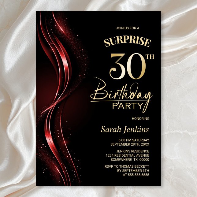 Surprise Black Red 30th Birthday Party Invitation (Creator Uploaded)