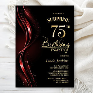 Surprise Black Red 75th Birthday Party Invitation