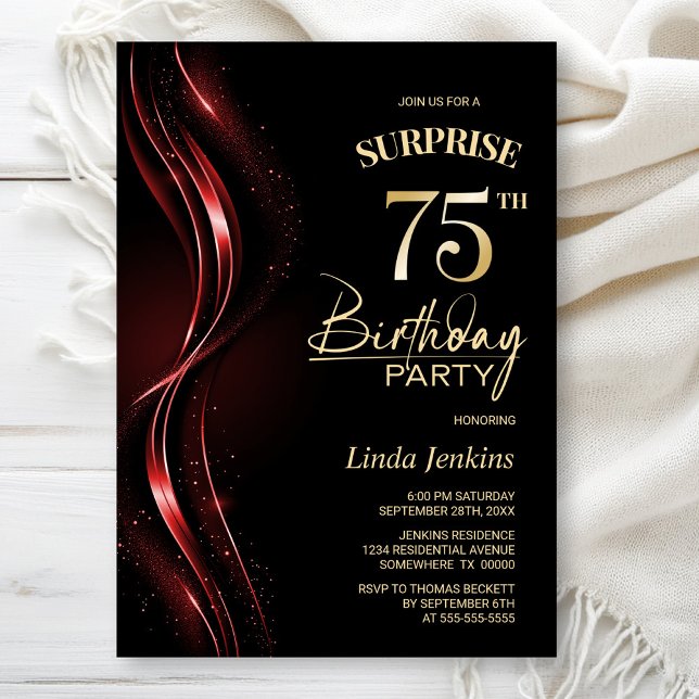 Surprise Black Red 75th Birthday Party Invitation (Creator Uploaded)