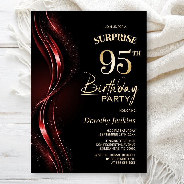Surprise Black Red 95th Birthday Party Invitation (Creator Uploaded)