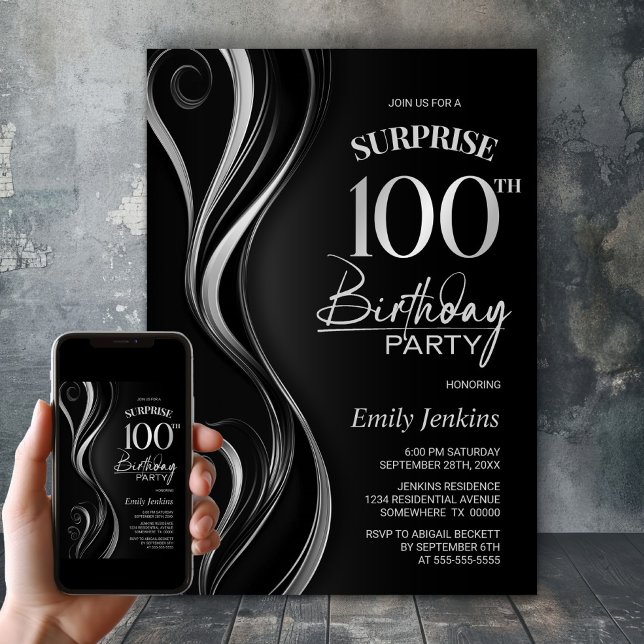 Surprise Black Silver 100th Birthday Party Invitation (Creator Uploaded)