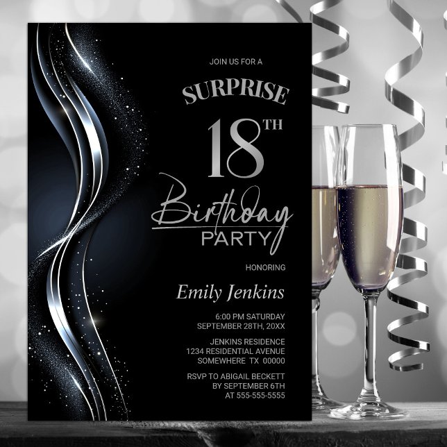 Surprise Black Silver 18th Birthday Party Invitation (Creator Uploaded)