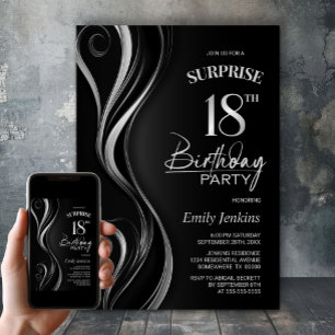 Surprise Black Silver 18th Birthday Party Invitation