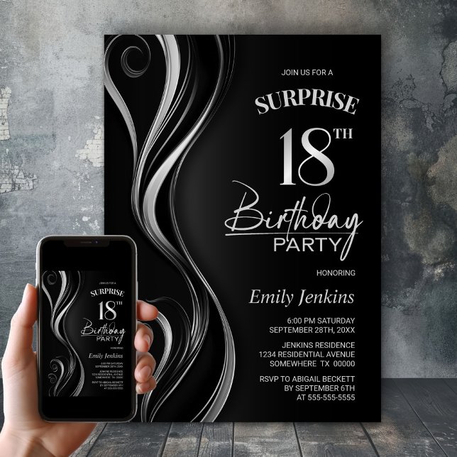 Surprise Black Silver 18th Birthday Party Invitation (Creator Uploaded)