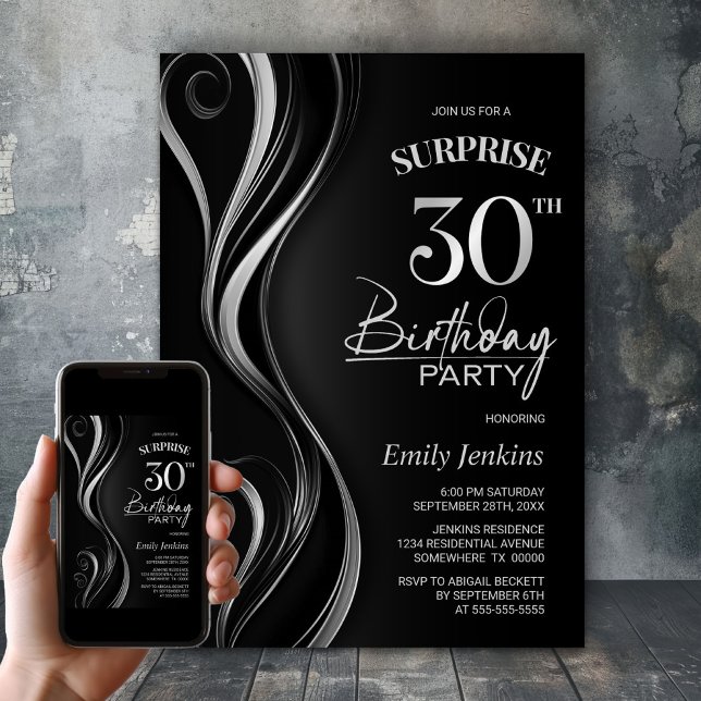 Surprise Black Silver 30th Birthday Party Invitation (Creator Uploaded)