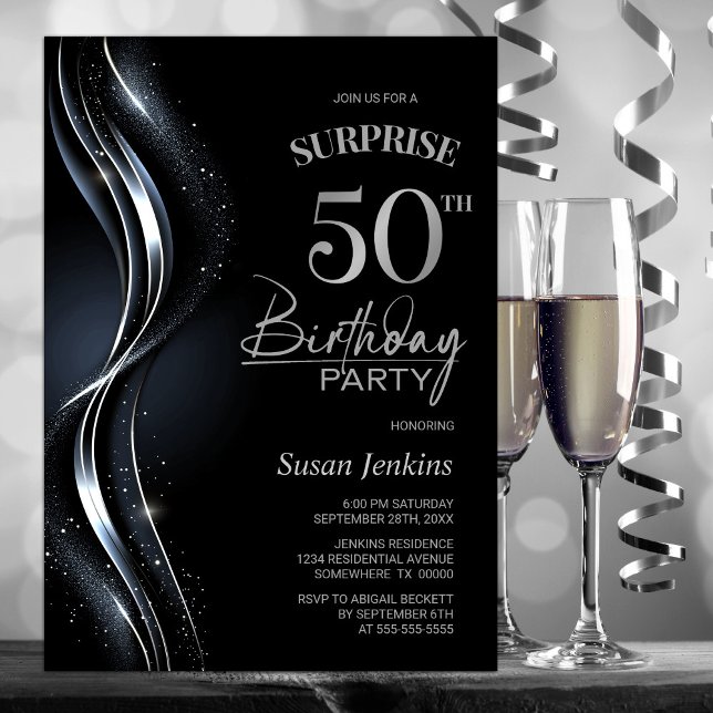 Surprise Black Silver 50th Birthday Party Invitation (Creator Uploaded)