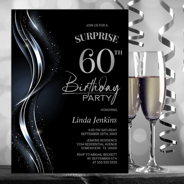 Surprise Black Silver 60th Birthday Party Invitation (Creator Uploaded)