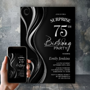 Surprise Black Silver 75th Birthday Party Invitation