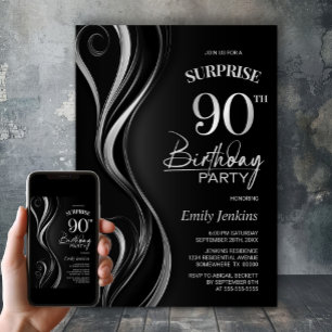 Surprise Black Silver 90th Birthday Party Invitation