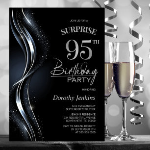 Surprise Black Silver 95th Birthday Party Invitation