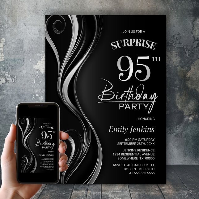 Surprise Black Silver 95th Birthday Party Invitation (Creator Uploaded)