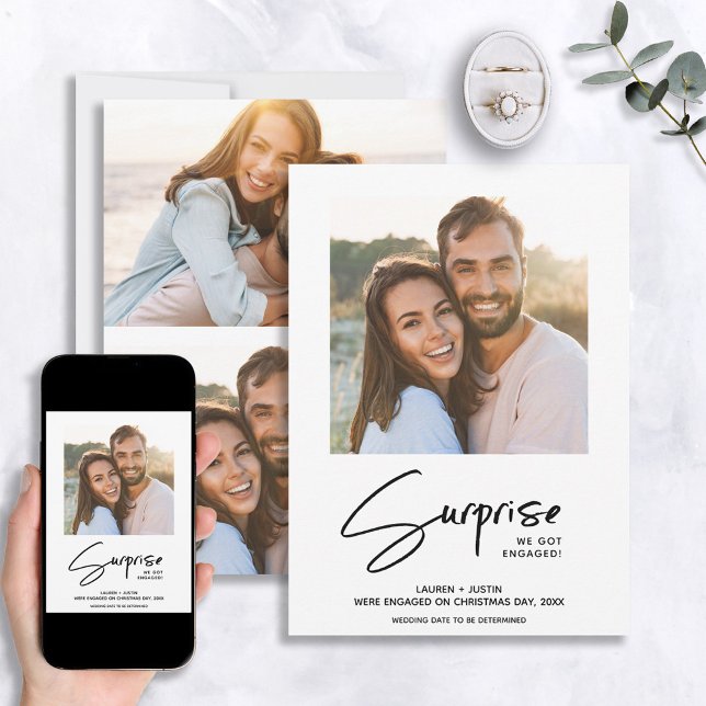 Surprise Black & White 3 Photo Engagement Invitation (Creator Uploaded)