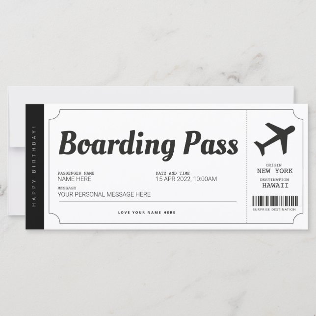 Surprise Boarding Pass Aeroplane Gift Ticket (Front)