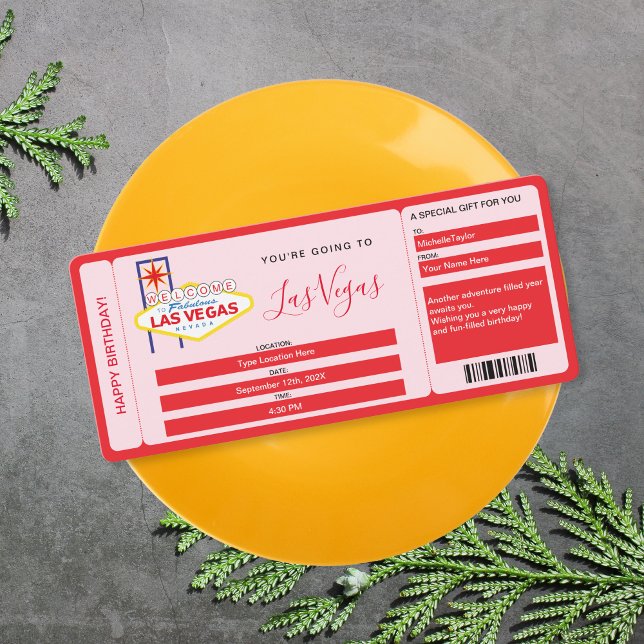 Surprise Boarding Pass Ticket Las Vegas Weekend Invitation (las vegas boarding pass surprise trip, pink and red)