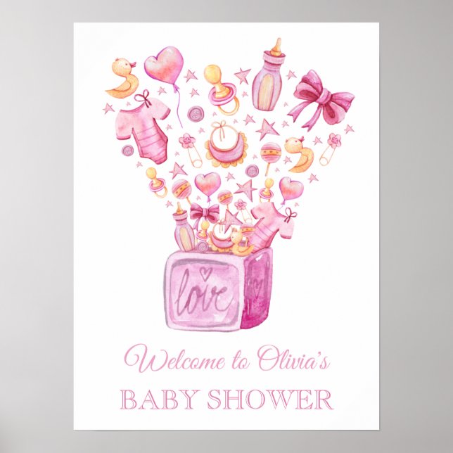 Surprise Box Pink Girl Baby Shower Welcome Poster (Front)