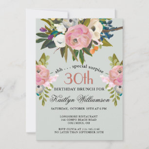 SURPRISE Brunch Elegant Floral 30th Birthday  Invitation