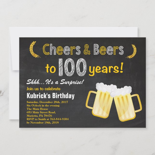 Surprise Cheers and Beers 100t Birthday Invitation (Front)