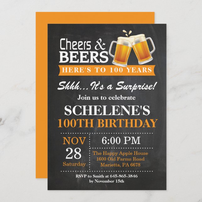 Surprise Cheers and Beers 100th Birthday Invitation (Front/Back)