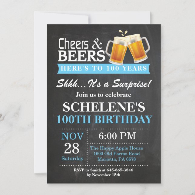 Surprise Cheers and Beers 100th Birthday Invitation (Front)