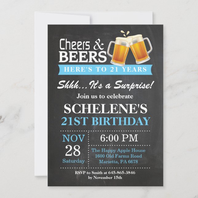 Surprise Cheers and Beers 21st Birthday Invitation (Front)