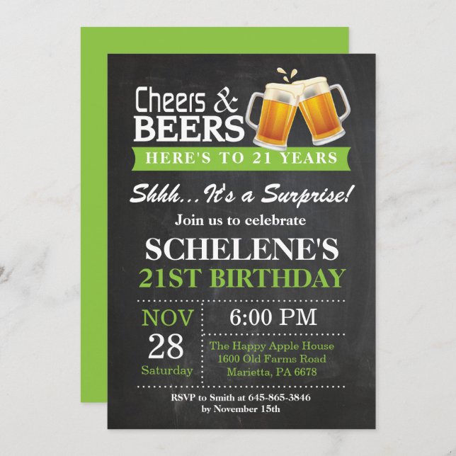 Surprise Cheers and Beers 21st Birthday Invitation (Front/Back)
