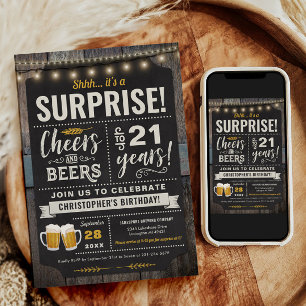 Surprise Cheers and Beers 21st Birthday Invitation