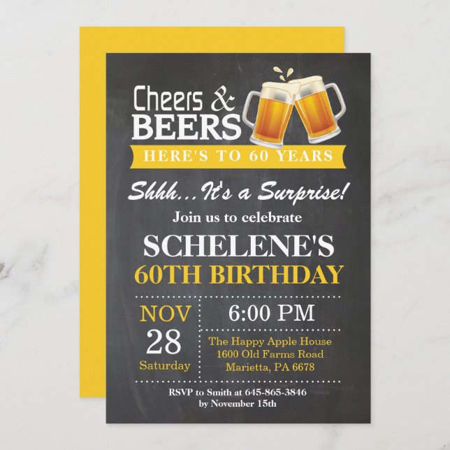 Surprise Cheers and Beers 60th Birthday Invitation (Front/Back)