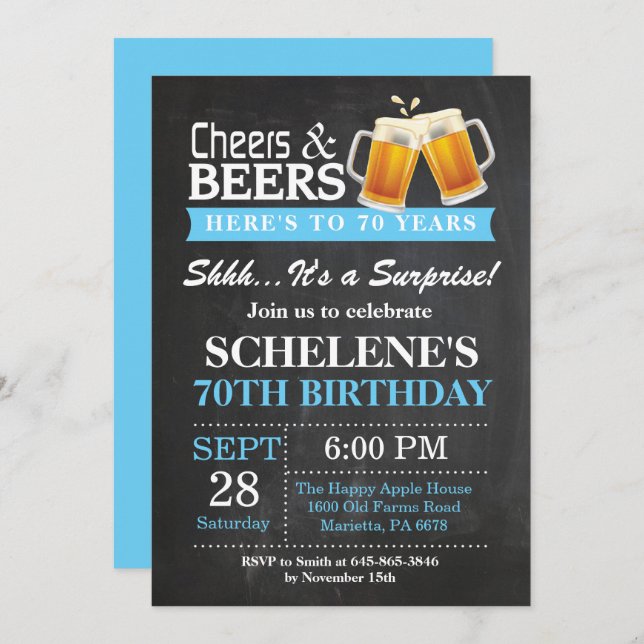 Surprise Cheers and Beers 70th Birthday Invitation (Front/Back)