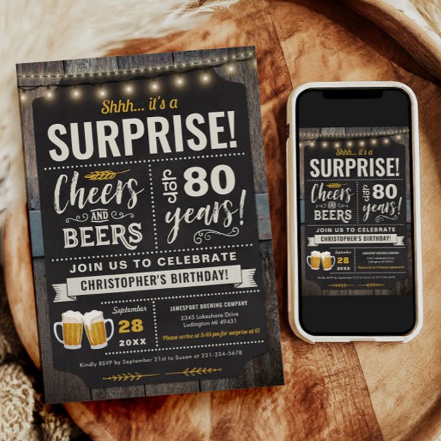 Surprise Cheers and Beers 80th Birthday Invitation (Surprise Cheers and Beers 80th Birthday Invitation)