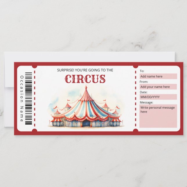 Surprise Circus Ticket Gift Certificate Invitation (Front)