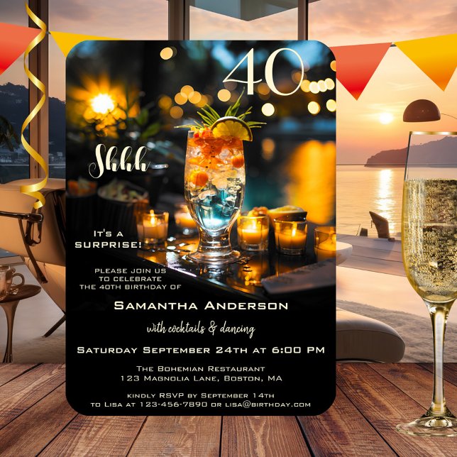 Surprise Cocktail Adult Birthday Invitation (Surprise birthday invitation featuring a colorful cocktail at the waterfront with sparkling lights)