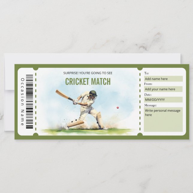 Surprise Cricket Match Ticket Gift Certificate Invitation (Front)