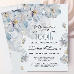 SURPRISE Elegant Blue Floral 100th Birthday  Invitation