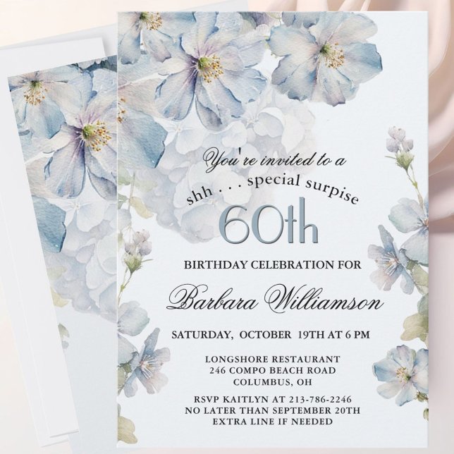 SURPRISE Elegant Blue Floral 60th Birthday  Invitation (Creator Uploaded)