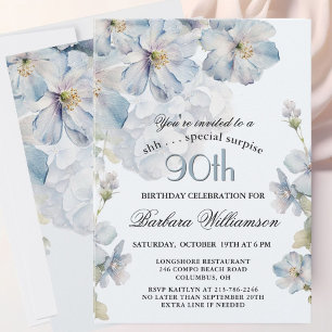 SURPRISE Elegant Blue Floral 90th Birthday  Invitation