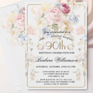 SURPRISE Elegant Painted Floral 90th Birthday Invitation