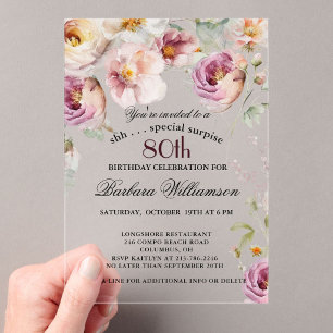 SURPRISE Elegant Pink Wildflower 80th Birthday Acrylic Invitations