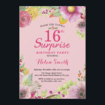 Surprise Floral 16th Birthday Invitation for Women<br><div class="desc">Surprise Floral 16th Birthday Invitation for Women. Watercolor Floral,  Pink Background. 16th 18th 21st 30th 40th 50th 60th 70th 80th 90th 100th. Any Age. For further customisation,  please click the "Customise it" button and use our design tool to modify this template.</div>