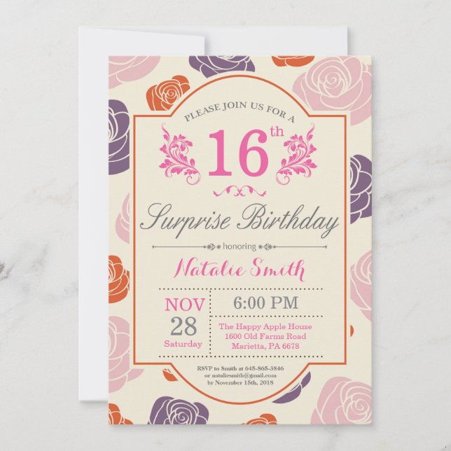Surprise Floral 16th Birthday Invitation Pink Rose (Front)