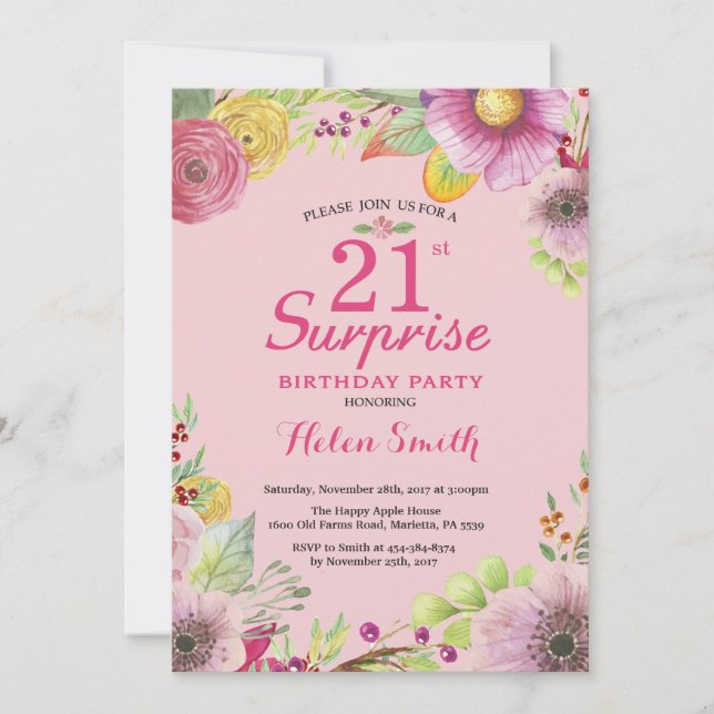 Surprise Floral 21st Birthday Invitation for Women (Front)