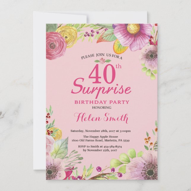 Surprise Floral 40th Birthday Invitation for Women (Front)