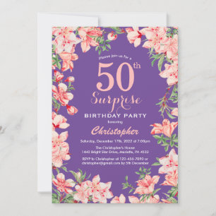 Surprise Floral 50th Birthday Pink Flowers Purple  Invitation