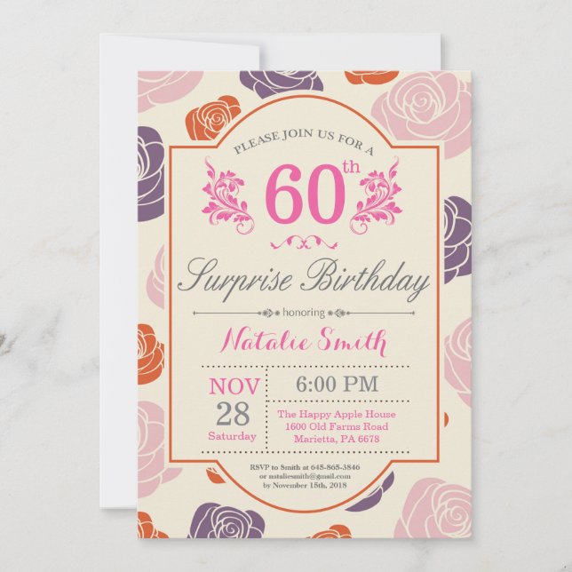 Surprise Floral 60th Birthday Invitation Pink Rose (Front)